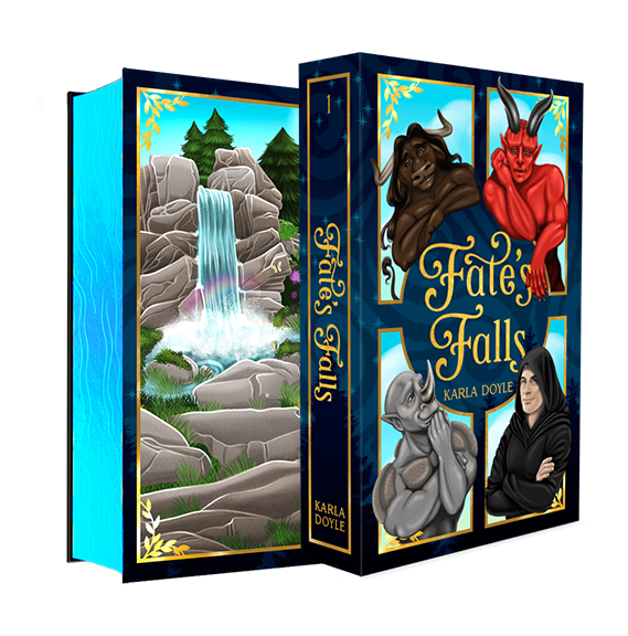 3D mockup of Karla Doyle's Kickstarter special edition hardcover for Fate's Falls Omnibus 1